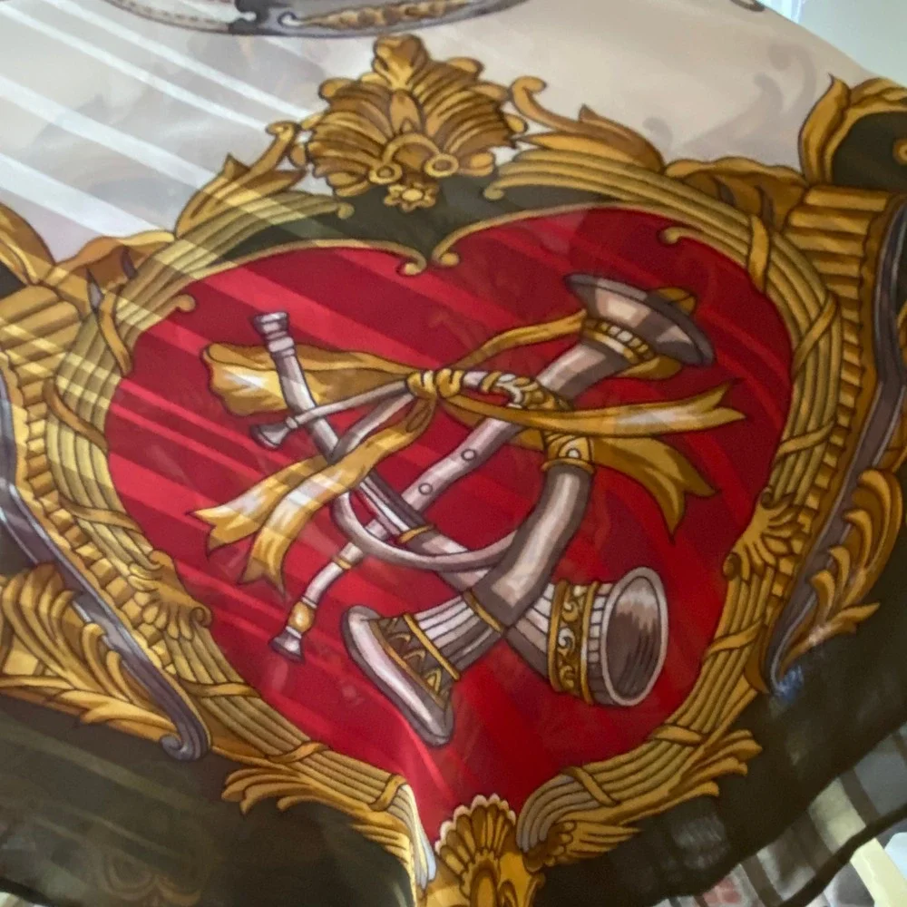 Equestrian Poste et Cavalerie Silk Poly Scarf Olive Green Red Gold‎ 34